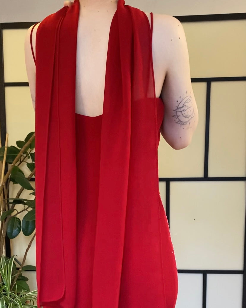 Red dress with a shawl