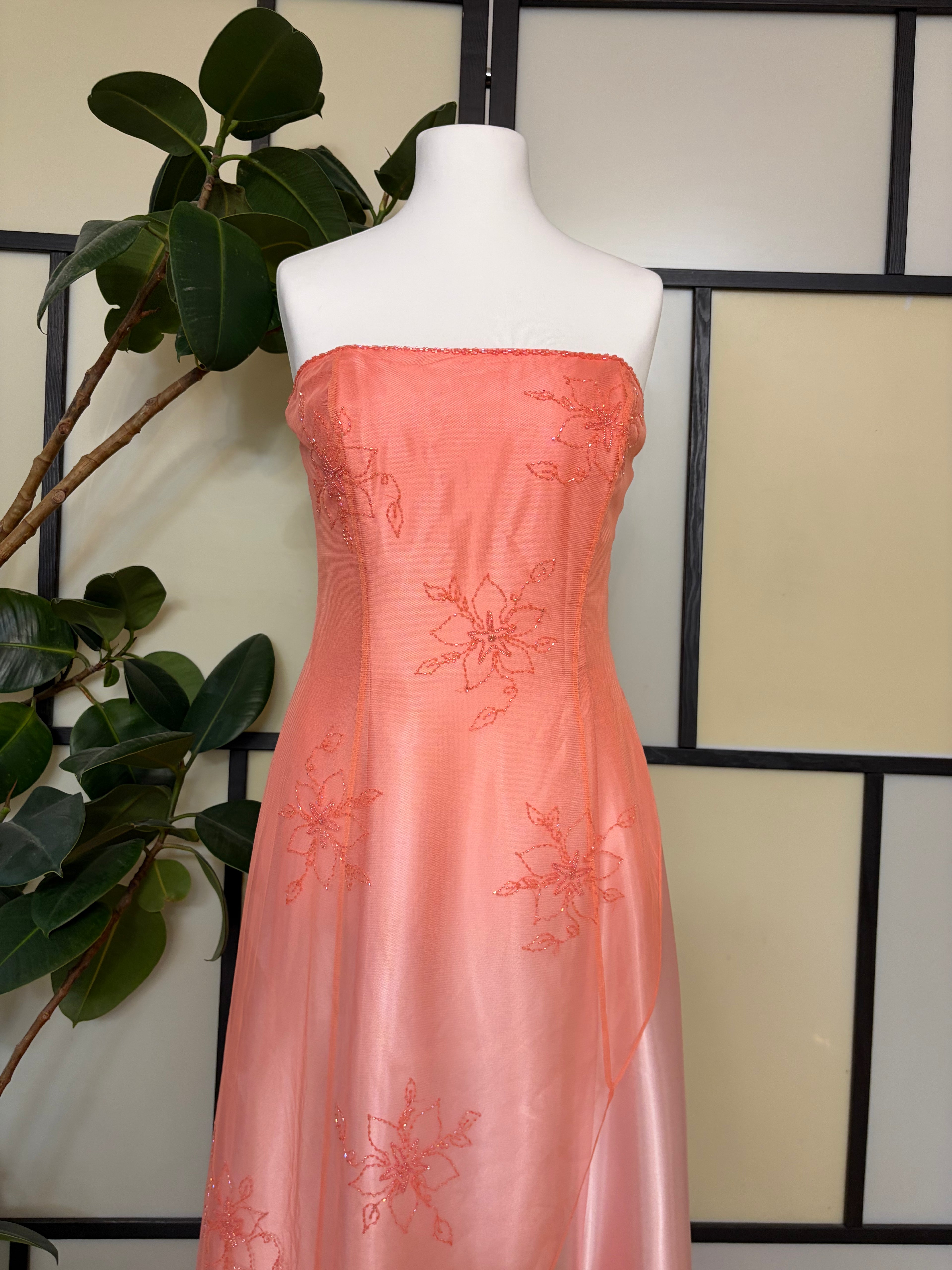 Coral maxi dress embellished with beads