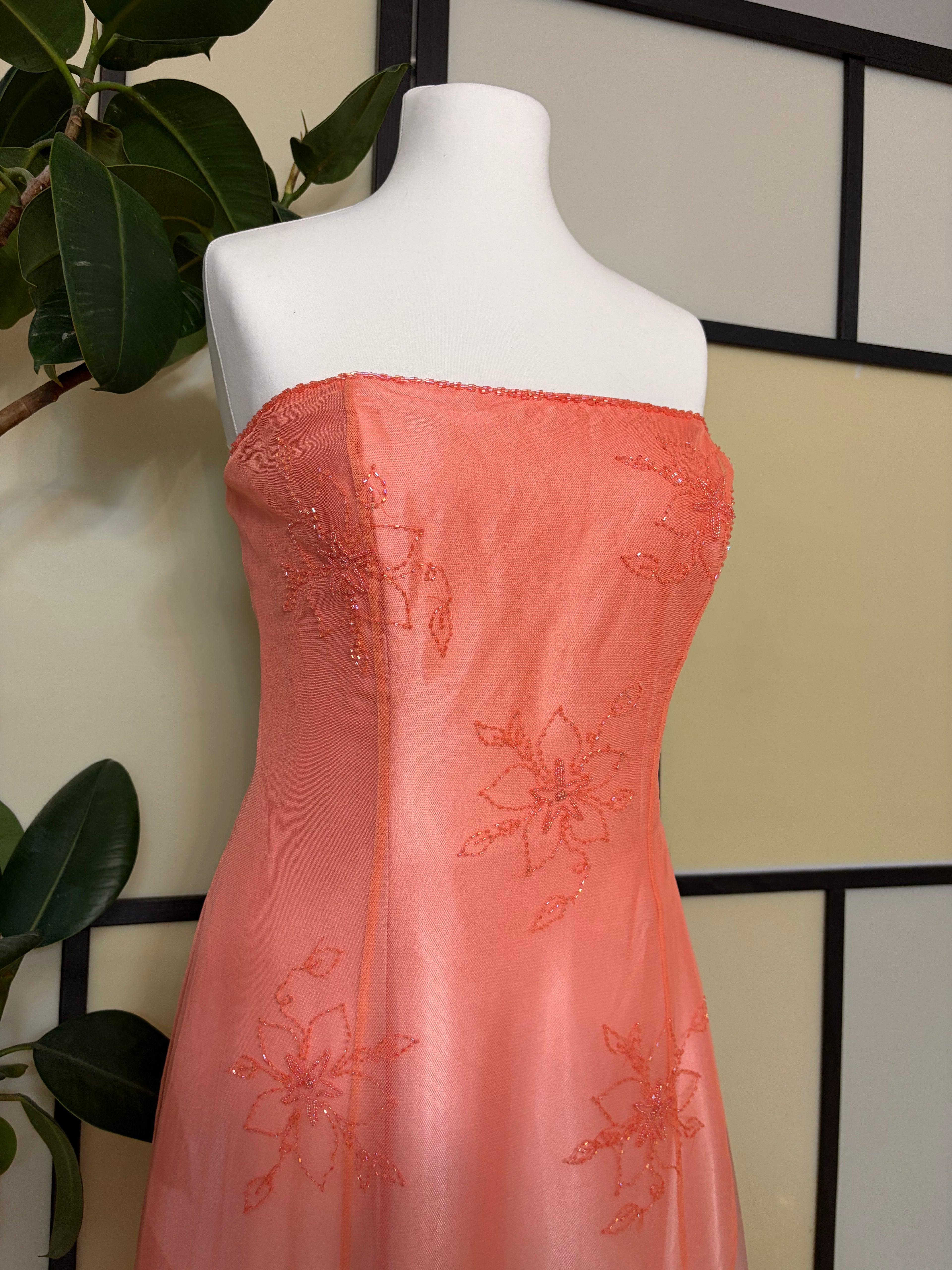 Coral maxi dress embellished with beads