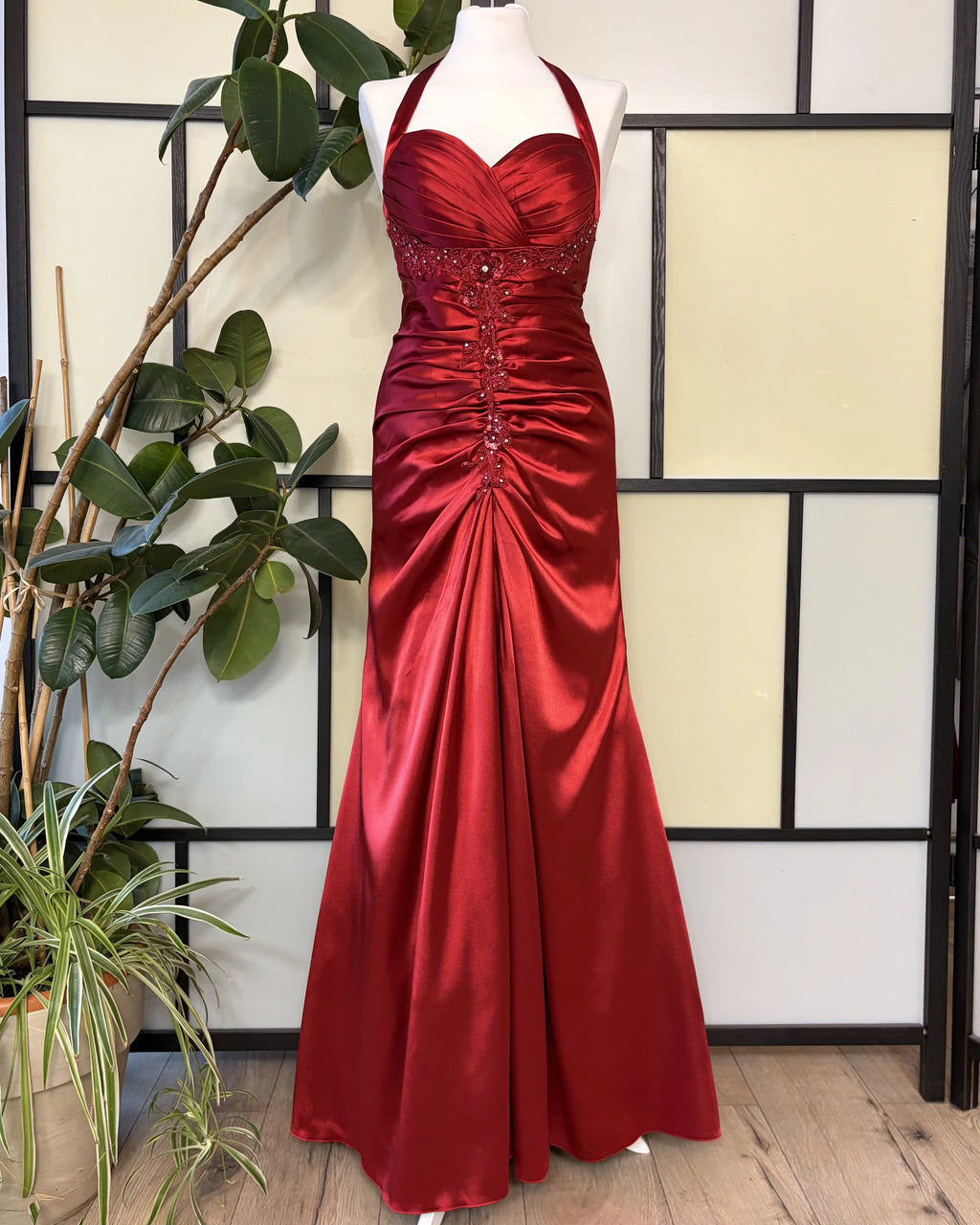 A red dress consisting of several layers of fabric