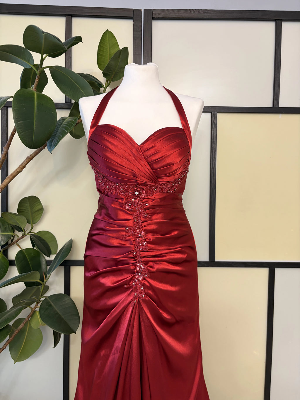 A red dress consisting of several layers of fabric
