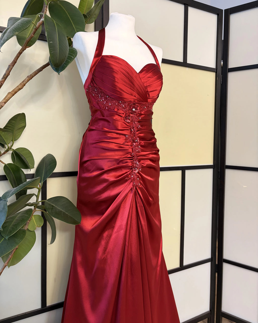 A red dress consisting of several layers of fabric