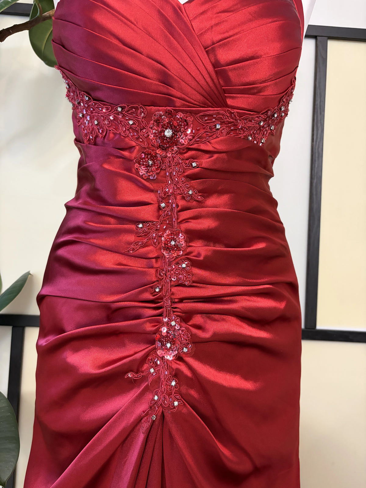 A red dress consisting of several layers of fabric