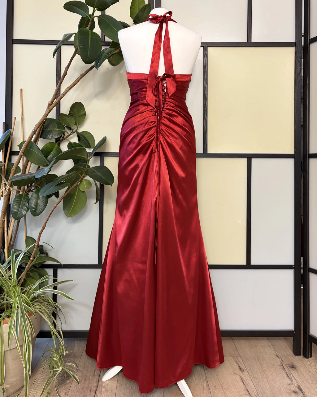 A red dress consisting of several layers of fabric