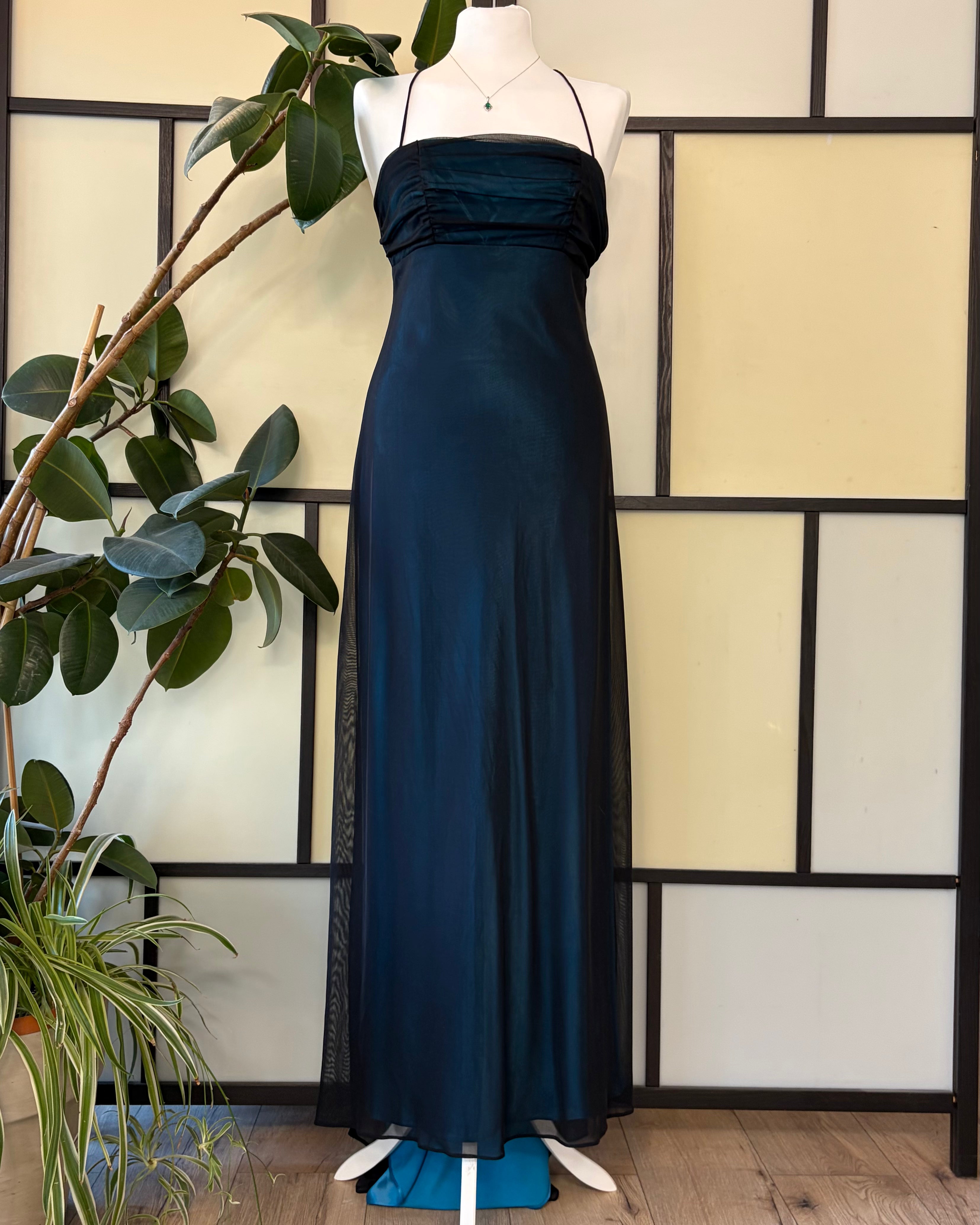 Navy blue gown with a train