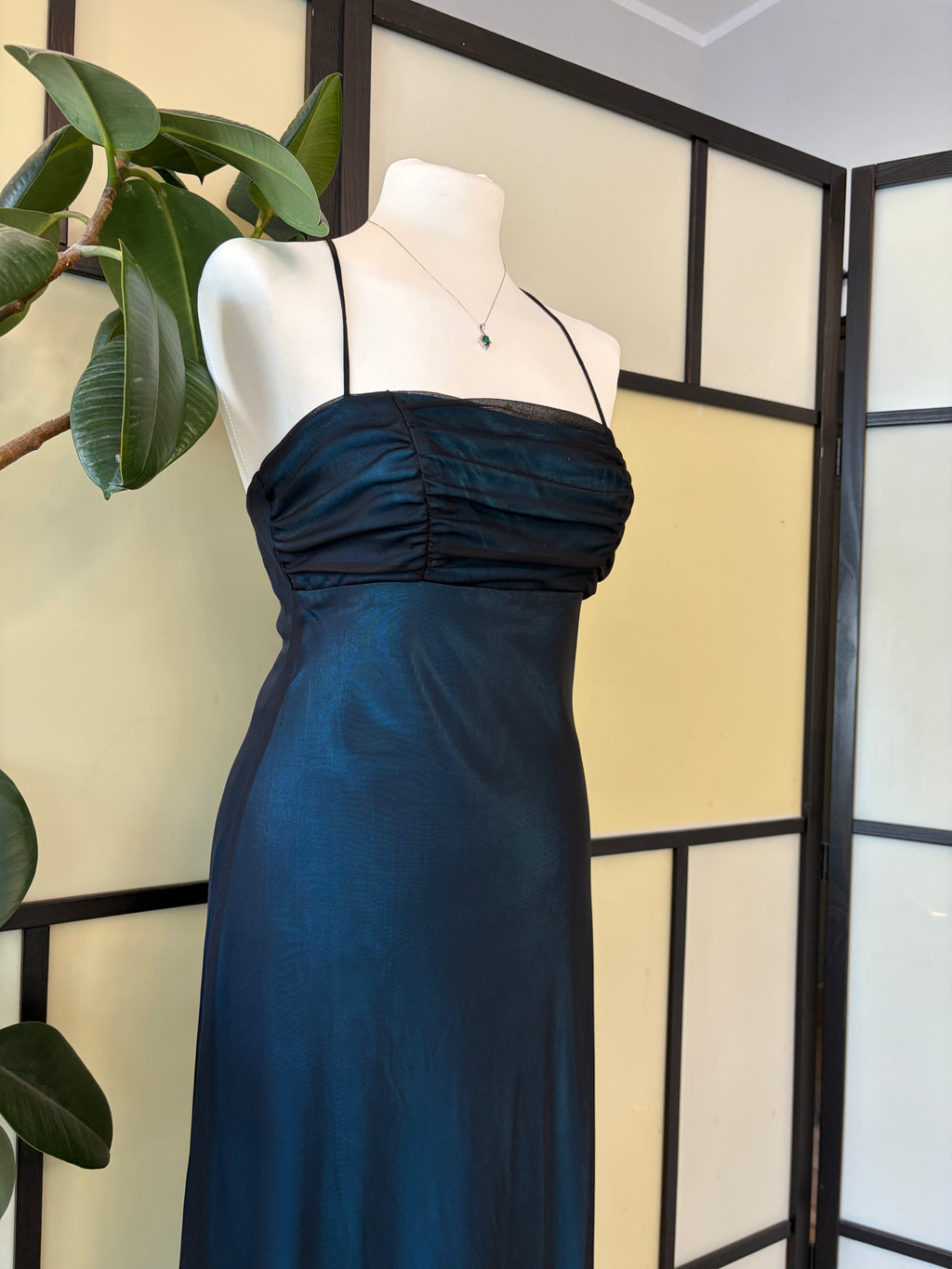 Navy blue gown with a train