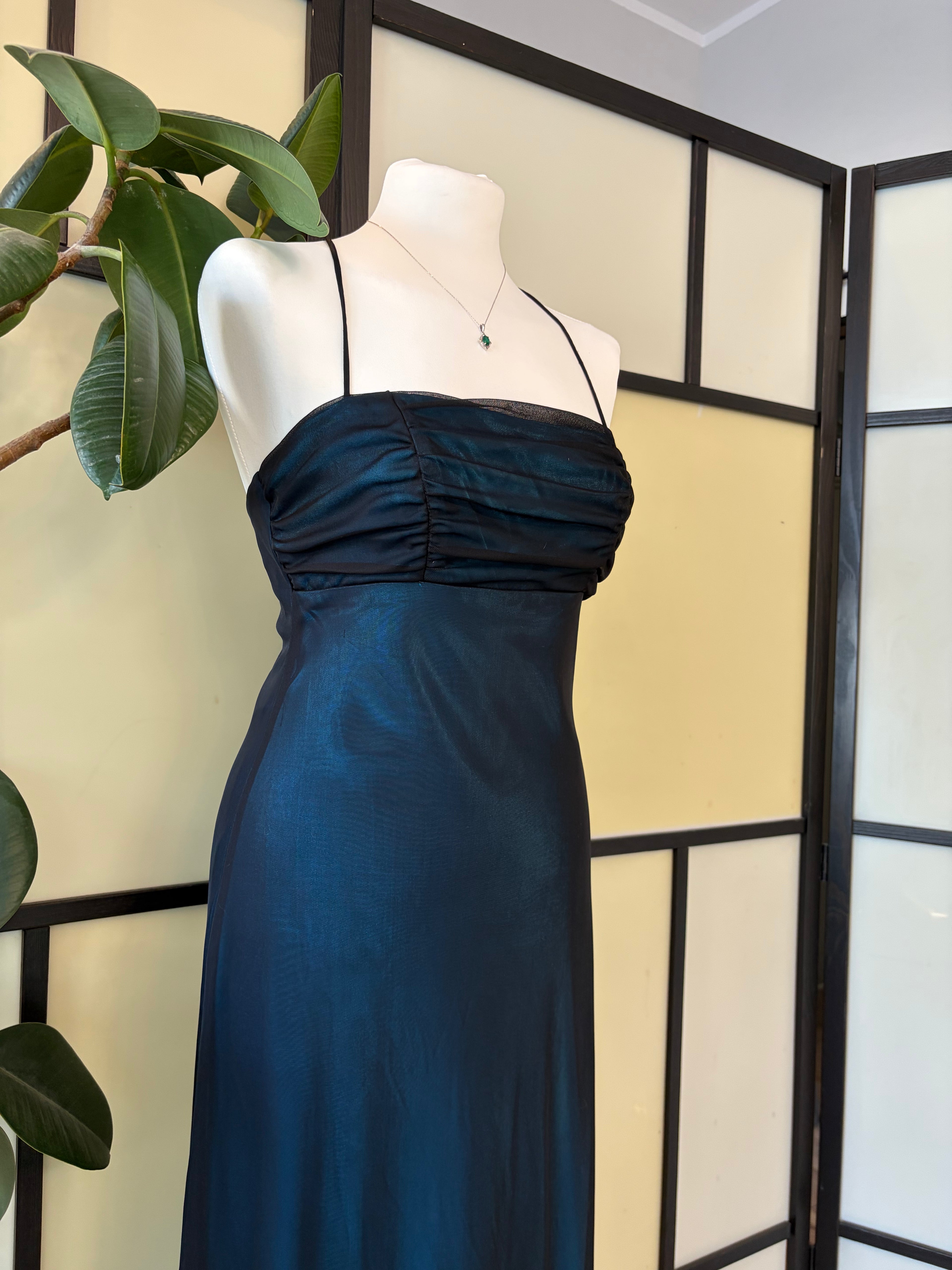 Navy blue gown with a train
