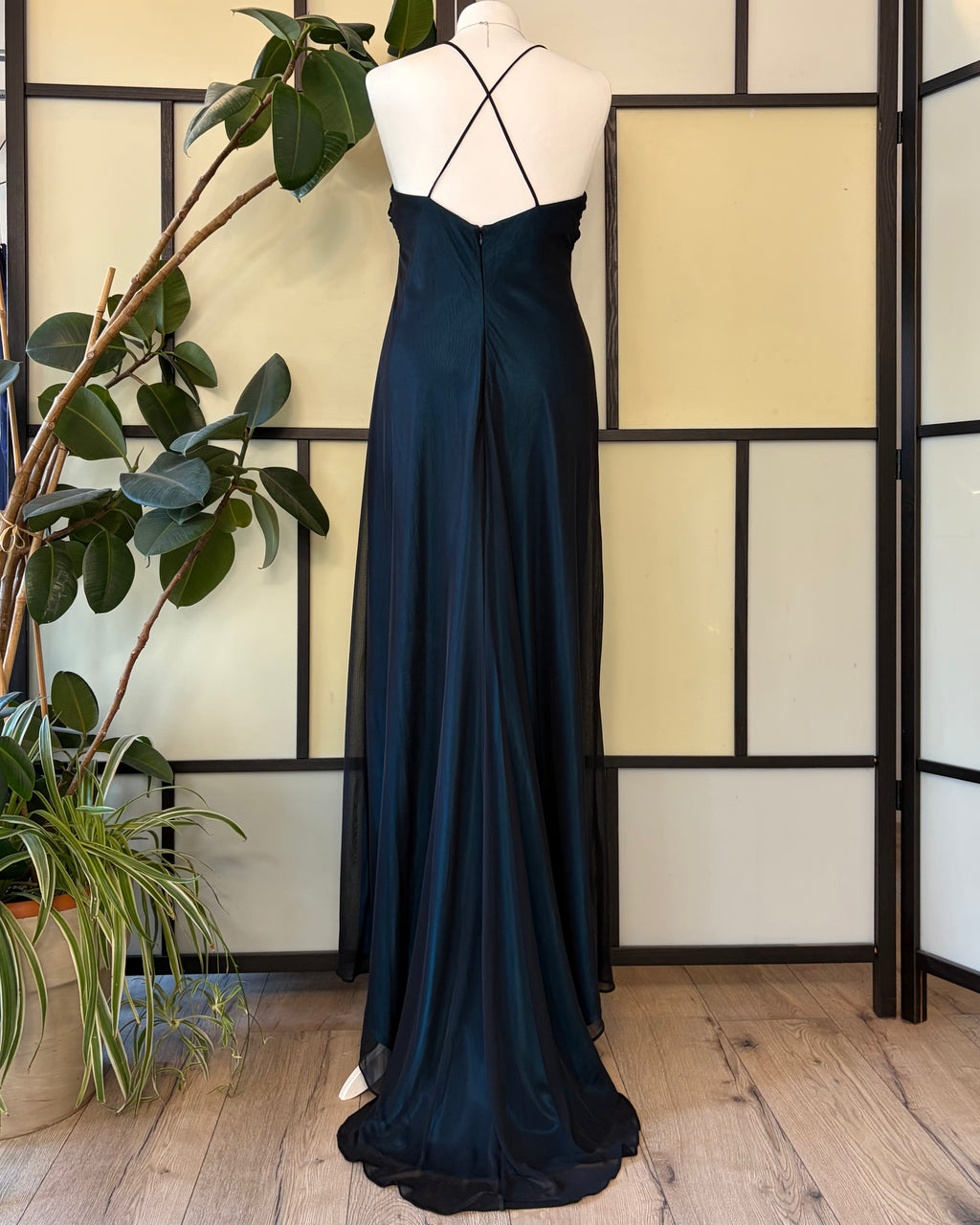 Navy blue gown with a train