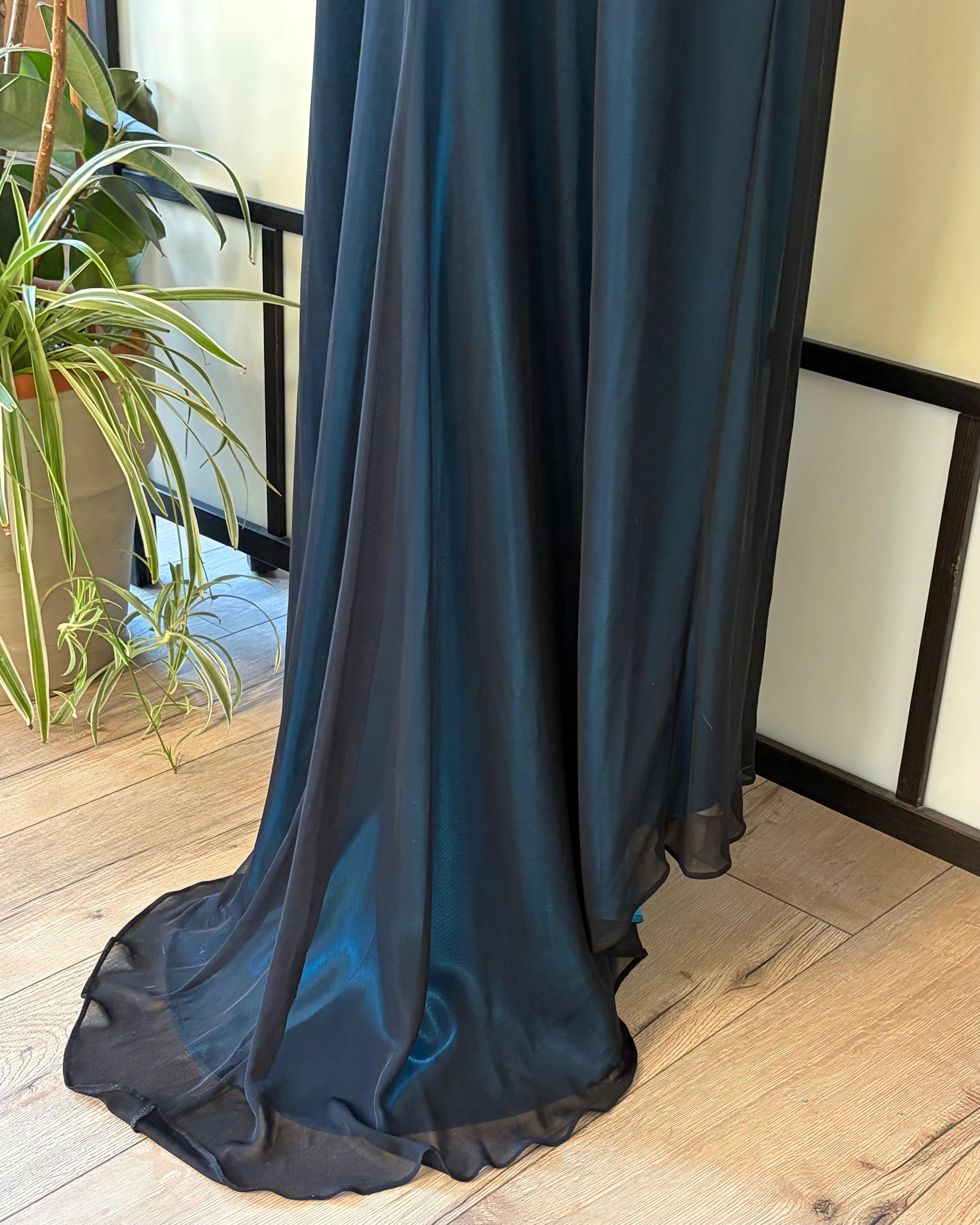 Navy blue gown with a train