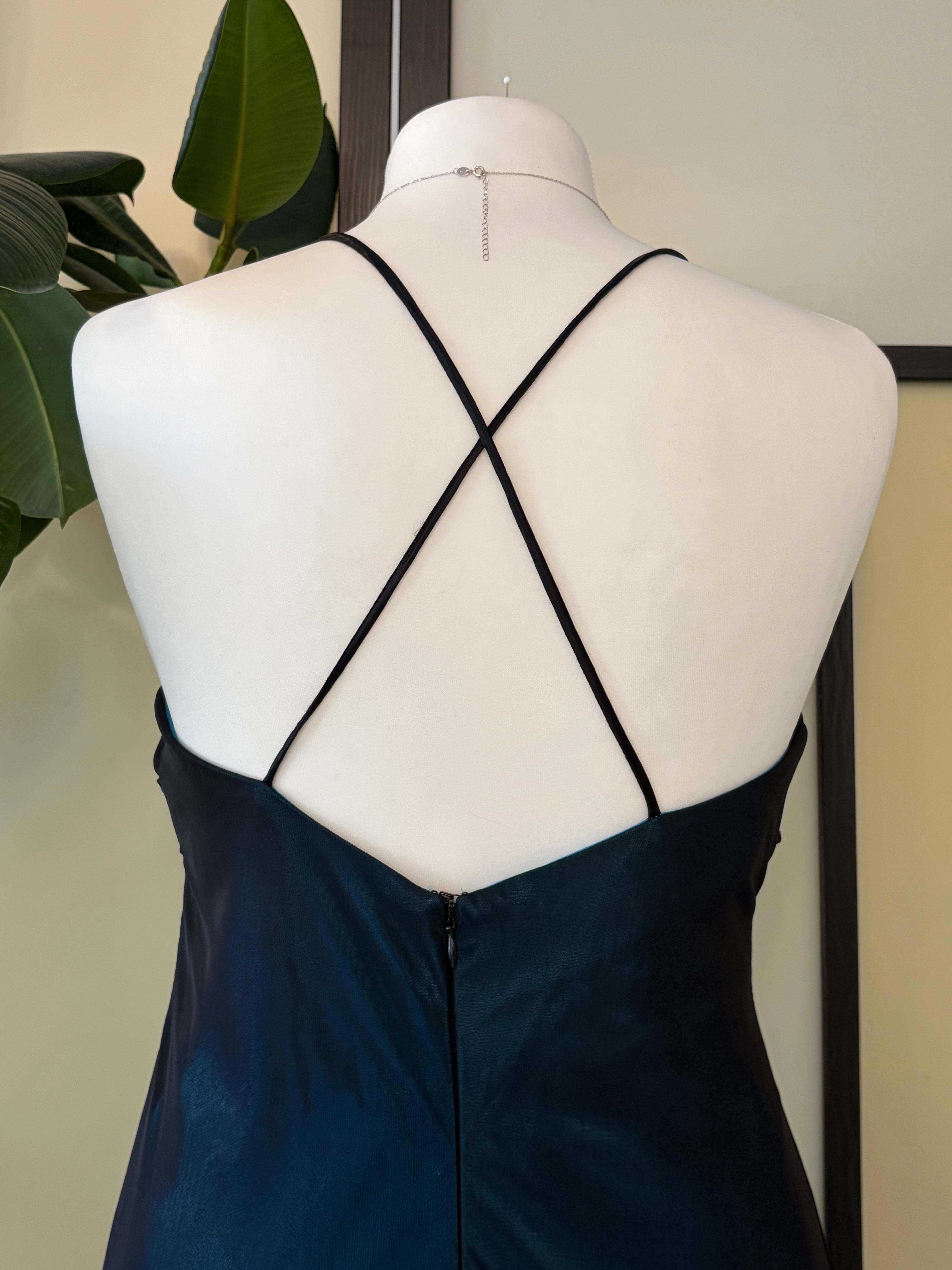 Navy blue gown with a train