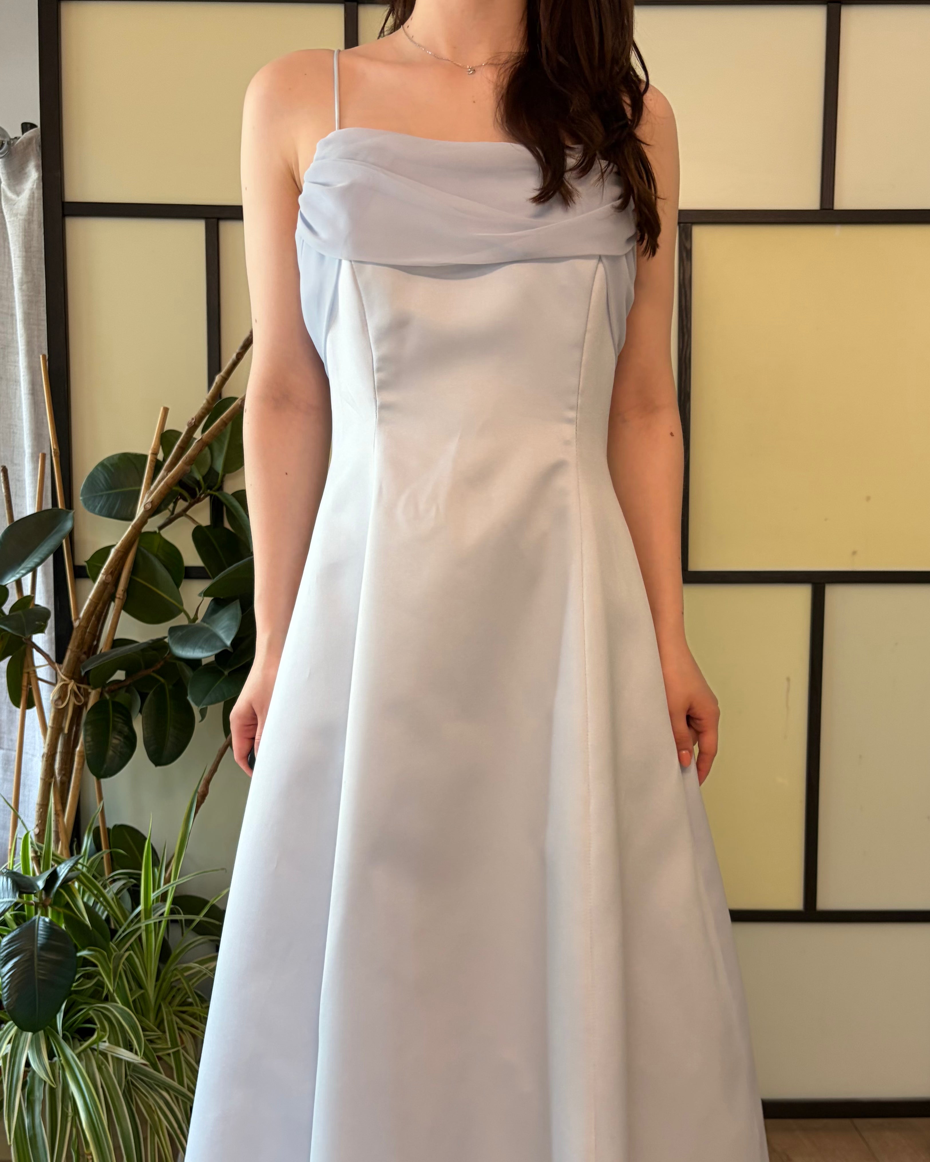 Blue midi dress with delicate straps and short flutter sleeves