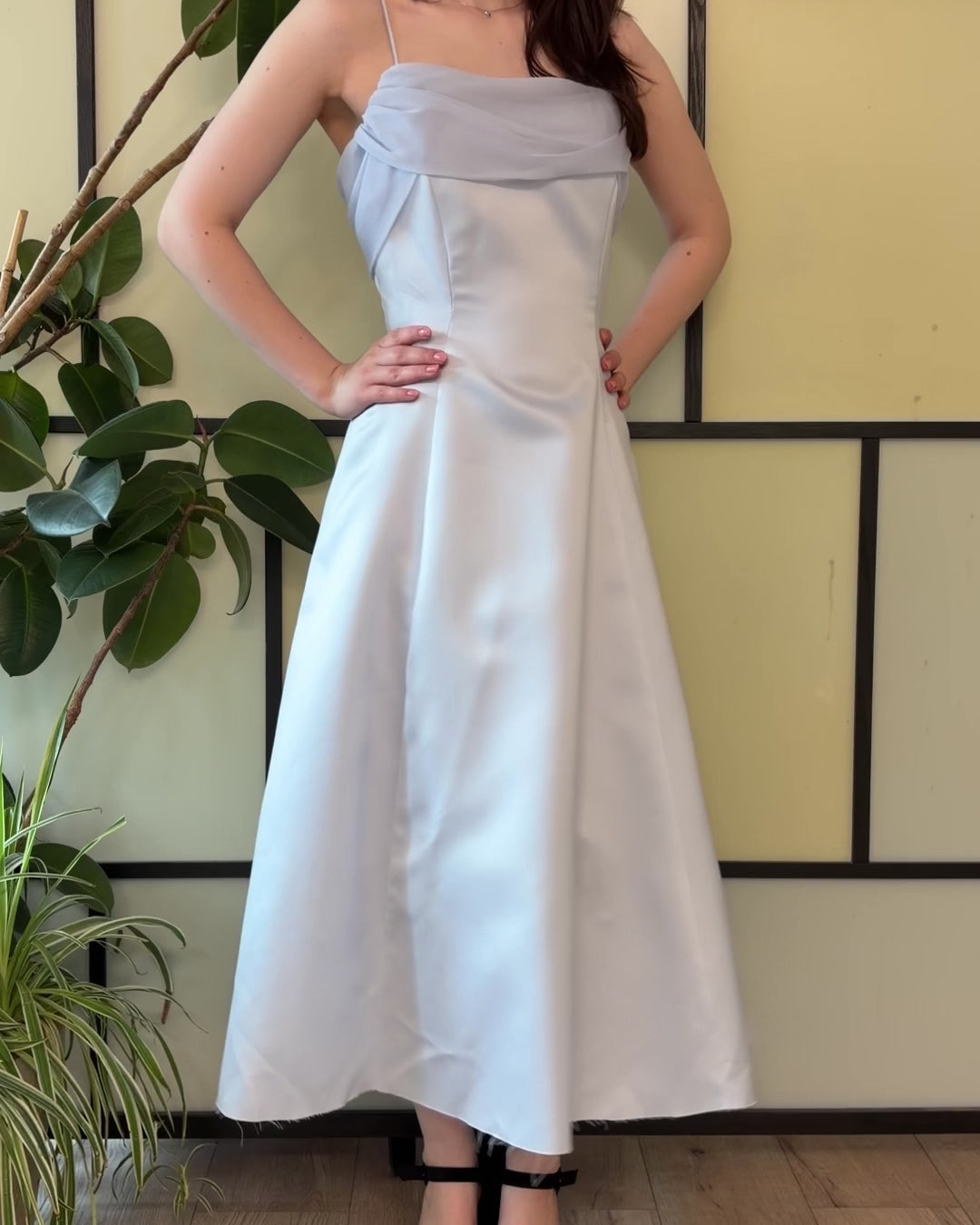 Blue midi dress with delicate straps and short flutter sleeves