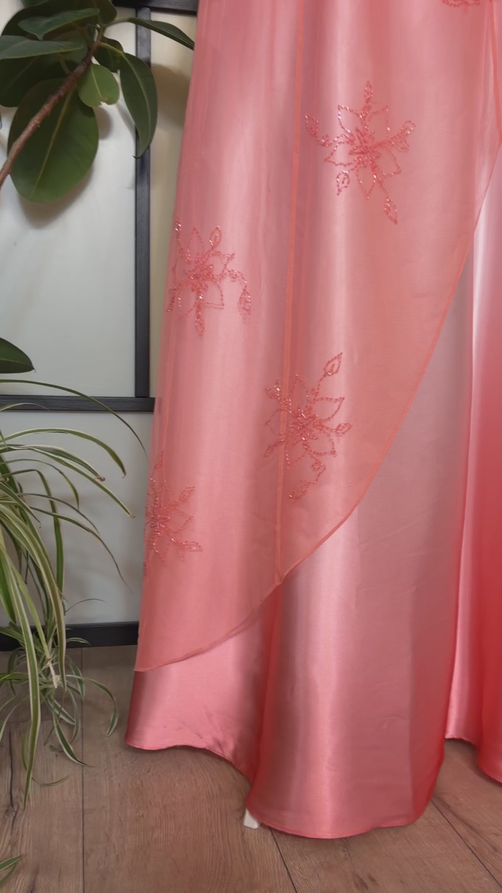 Coral maxi dress embellished with beads