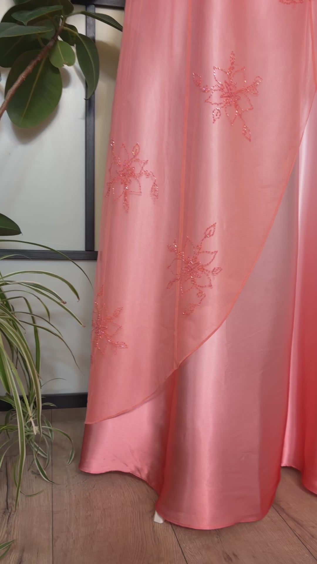 Coral maxi dress embellished with beads